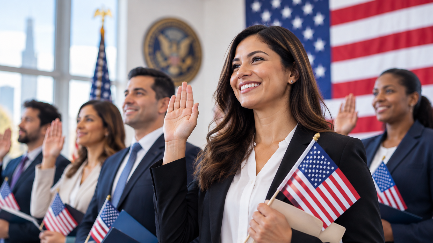 Familia celebrando tras obtener la ciudadanía americana